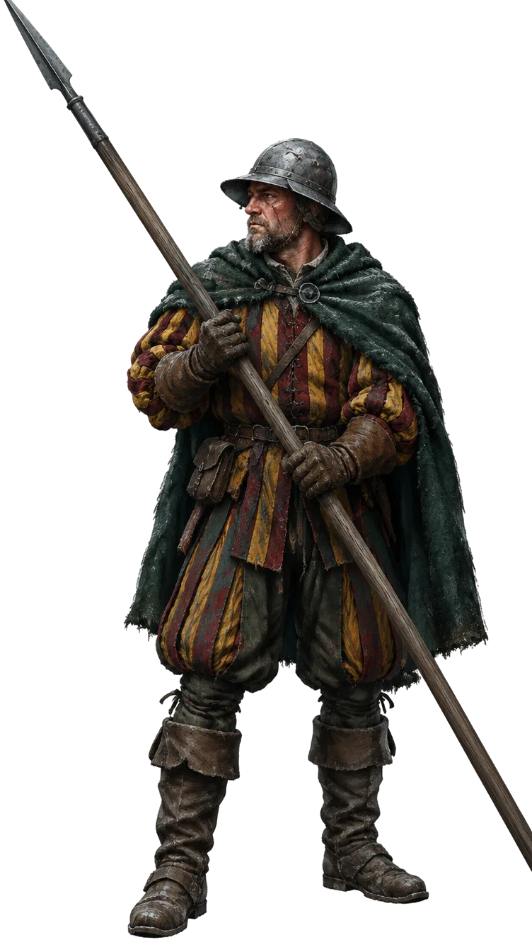 Tiga mercenary berdiri di salju. Yang paling depan, pikeman veteran bertopi baja dan berjubah hijau pinus, memegang pike panjang miring ke atas.